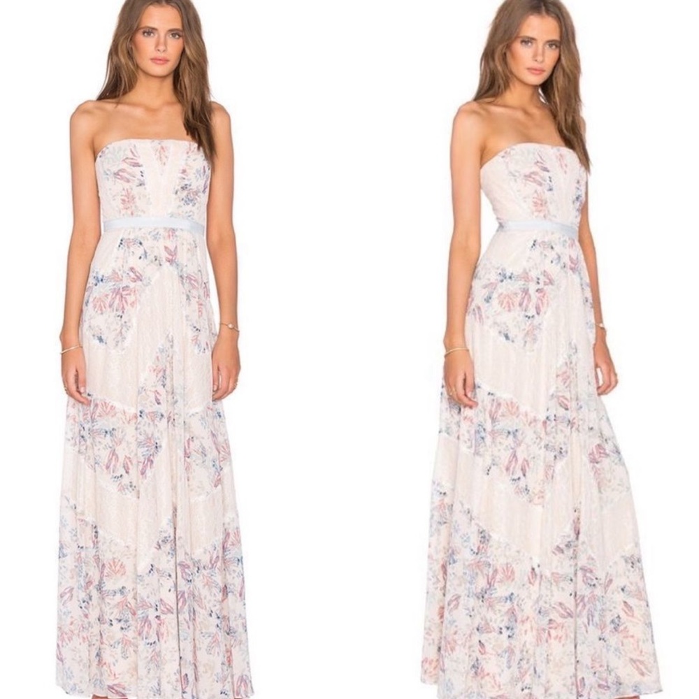 BCBGMaxAzria Strapless Floral Maxi Dress in White with Pink & Blue Accents